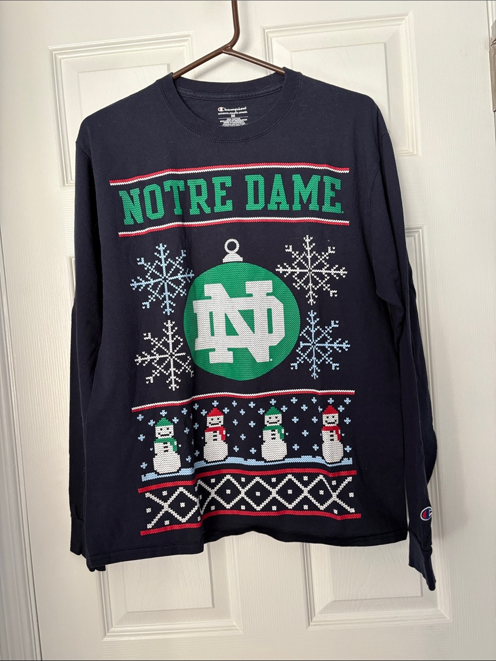 Champion Notre Dame Navy Holiday Long-Sleeve Sweater Tee